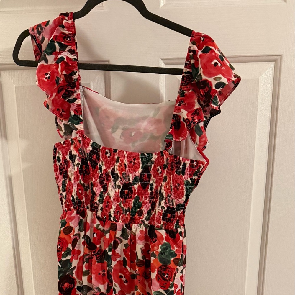 SHEIN Pink and Red Floral Smocked Dress with Green Accents